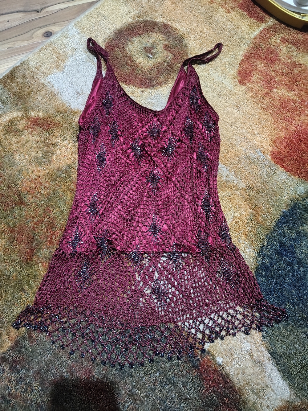 Burgundy Crocheted Beaded Tank Top